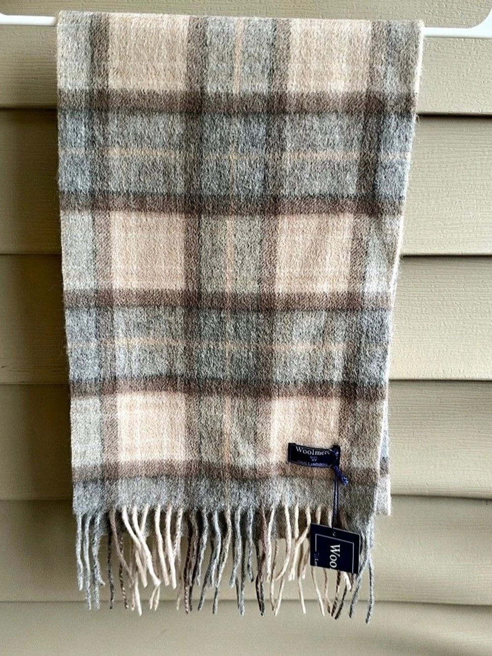100% Lambswool Woolmere Edinburg Scarf Beige Gray 10" X 67” NWT Cozy Layer